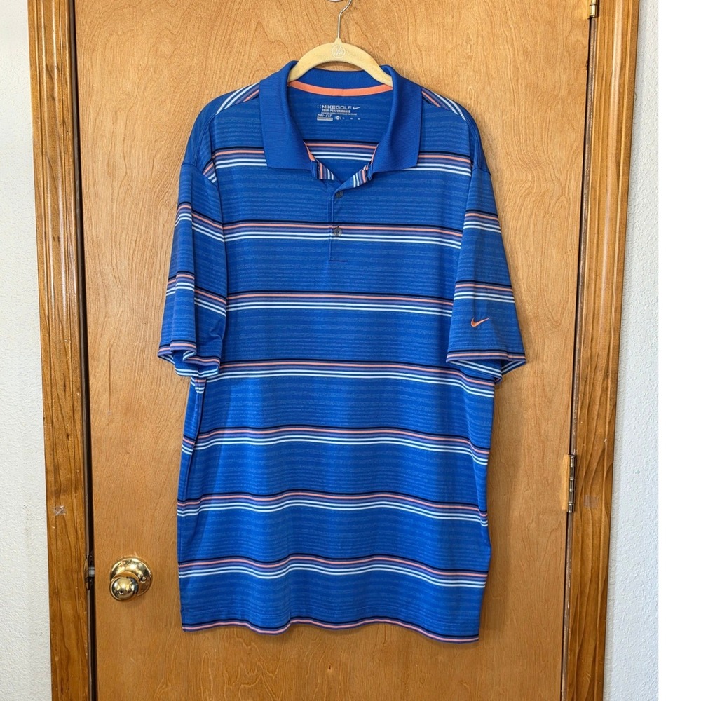 Nike Golf Tour Performance Dri-FIT Polo Shirt Mens XL Blue Orange Striped Preppy